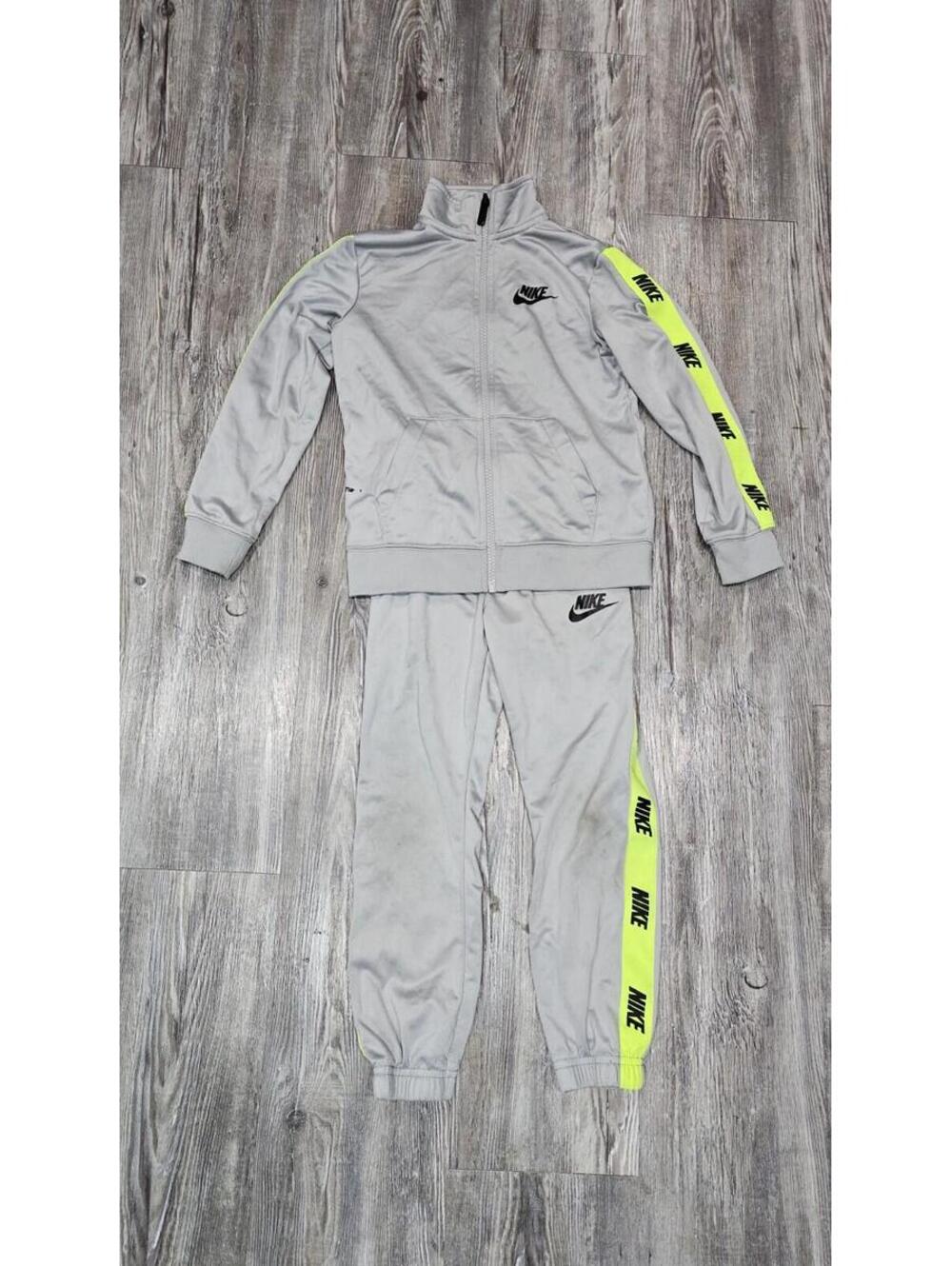 Nike Kids Gray Tracksuit Set Jacket Joggers Yellow Stripe Size 5-6Y